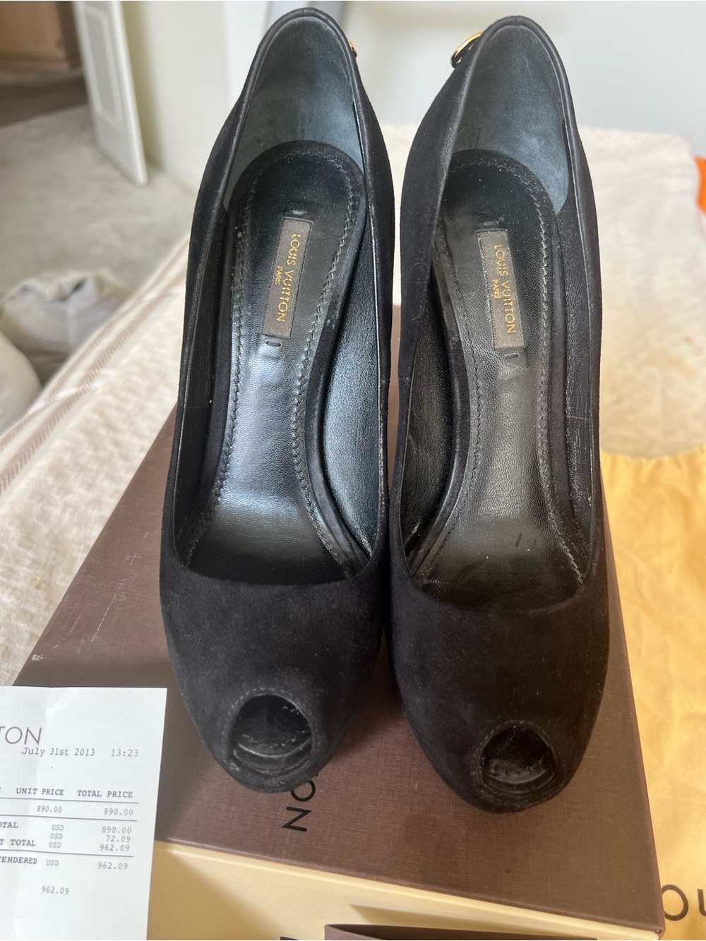 Louis Vuitton Black Suede Peep-Toe Pumps with Gold Accent